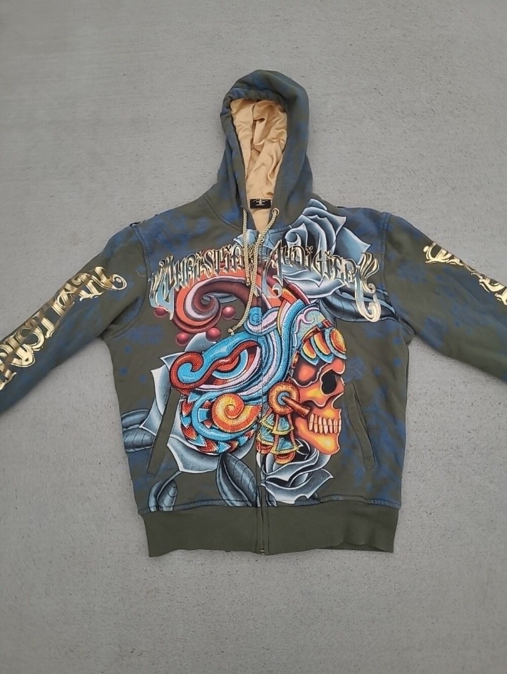 Y2K RARE Christian Audigier Los Angeles VTG  Skull  Full Zip Jacket Hoodie L